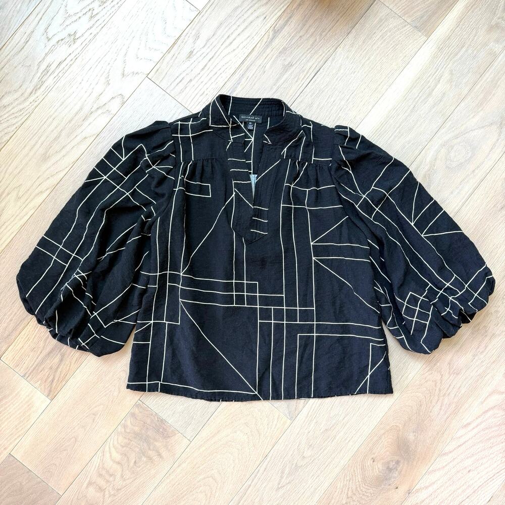 Current Air Anthropologie Geometric Puff‑Sleeve V‑Neck Blouse Women’s XS